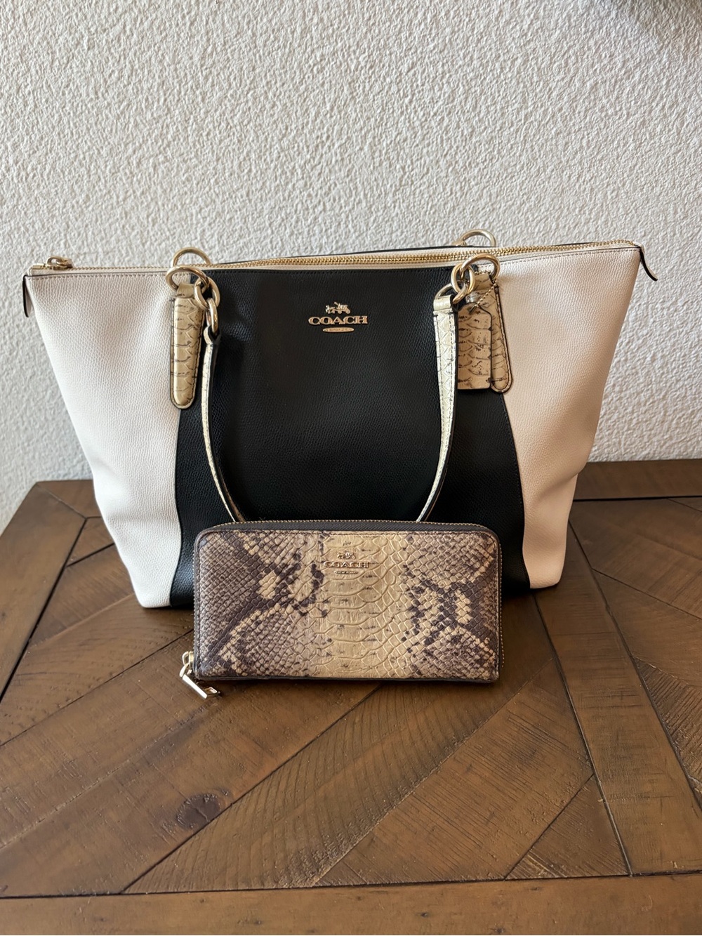 Coach Two-Tone Black & Cream Tote with Snake-Print Wallet